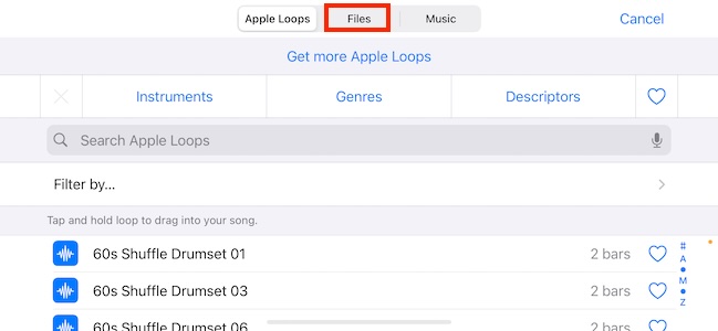 add audio file to garageband iphone