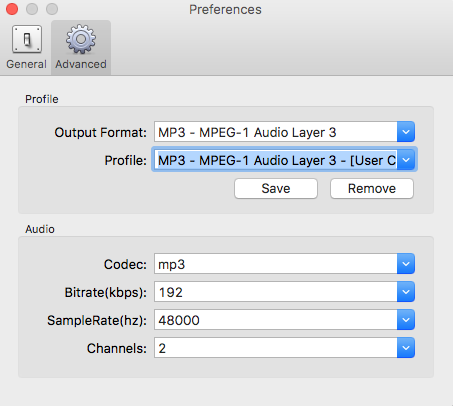 personalizza bitrate, frequenza di campionamento